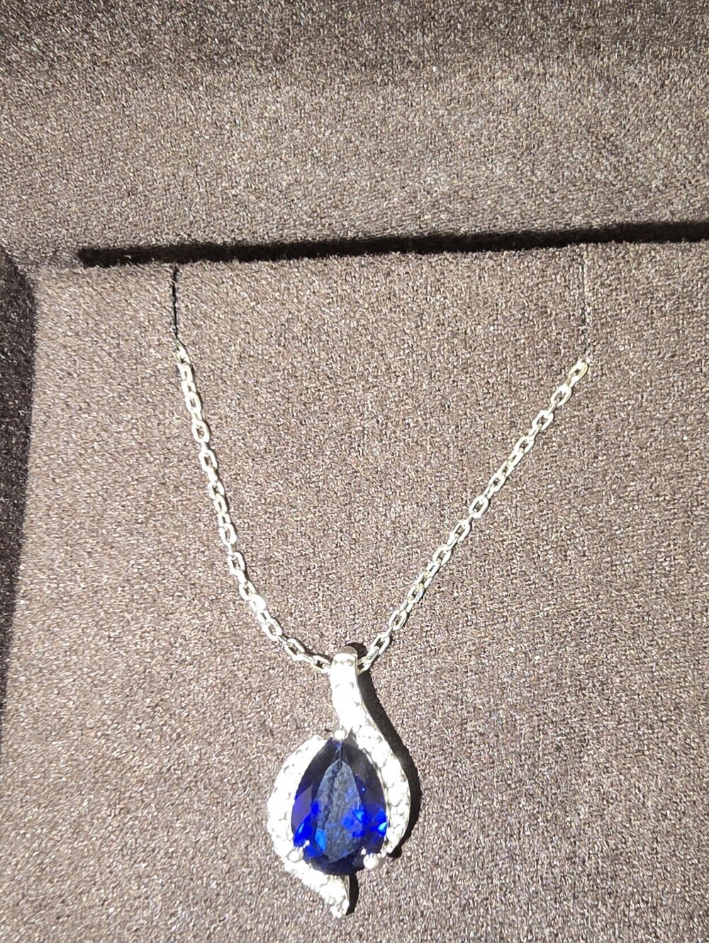 William Lam & Co. Sterling Silver Pear Cut Blue Sapphire Swirl Halo Pendant Neck